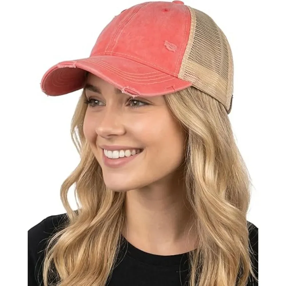 Women's Beige Mesh Washed Red Adjustable Classic Comfortable Baseball Caps